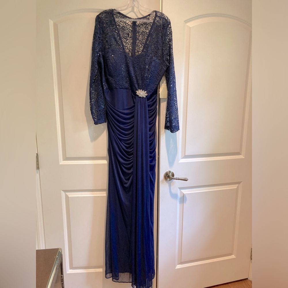 Formal full length navy dress. Lace top, ruching at waist.